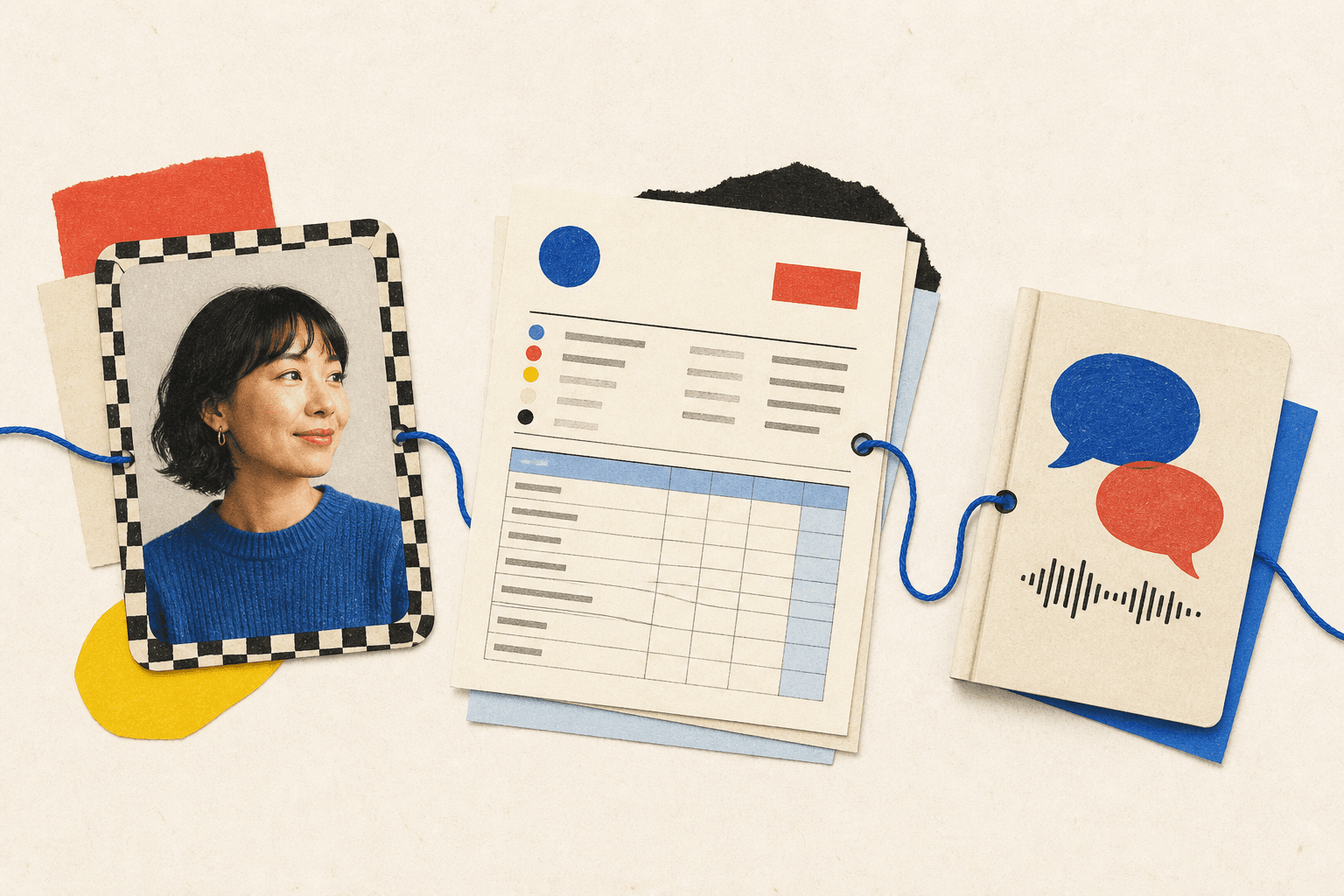Editorial collage of image, invoice, and English practice products